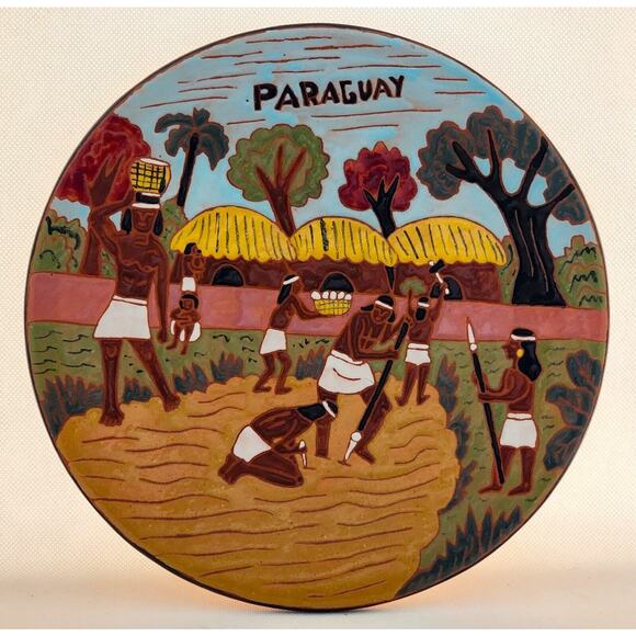 DISPLAY PLATE-Hanging-Paraguay-Native-Hand Painted-Signed-Pottery-Farming - Picture 1 of 14